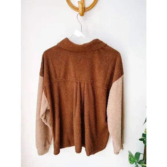 Peach Love Teddy Jacket Color block Chestnut brown taupe small - Picture 5 of 10